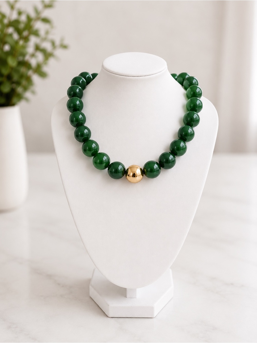 Green Beaded Necklace with Gold Accent - Women Jewelry